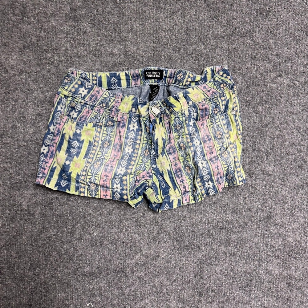 Celebrity Pink Shorts Womens Size 7 Indigo Tribal Print Stretch Casual Denim